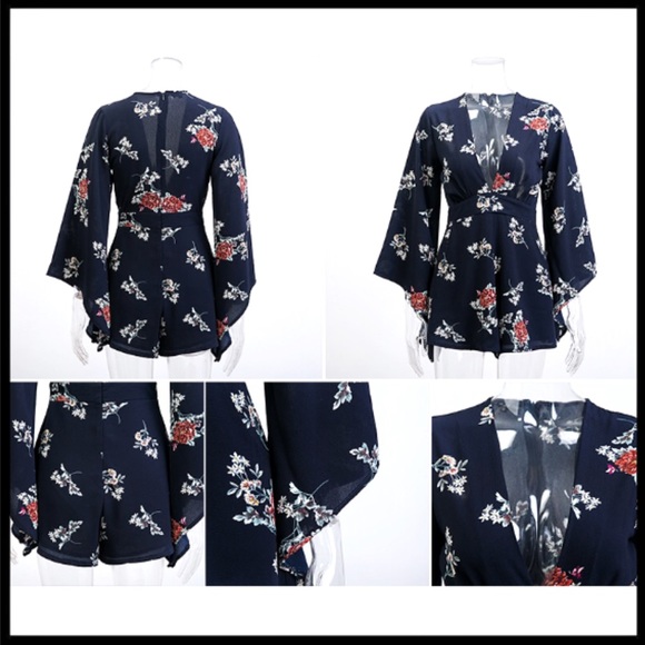 ⭐️bell sleeve floral flirty jumpsuit blue dress - Picture 5 of 5